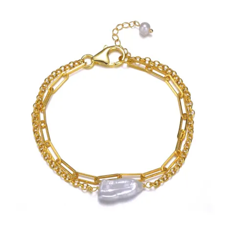 Genevive Sterling Silver 14k Gold Plated with Genuine Freshwater Pearl Cable Rolo Chain Double Layer Bracelet