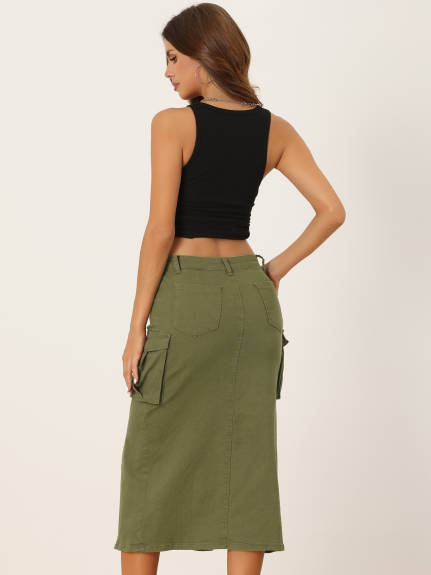 Allegra K- Cargo Split Hem Denim Midi Skirt