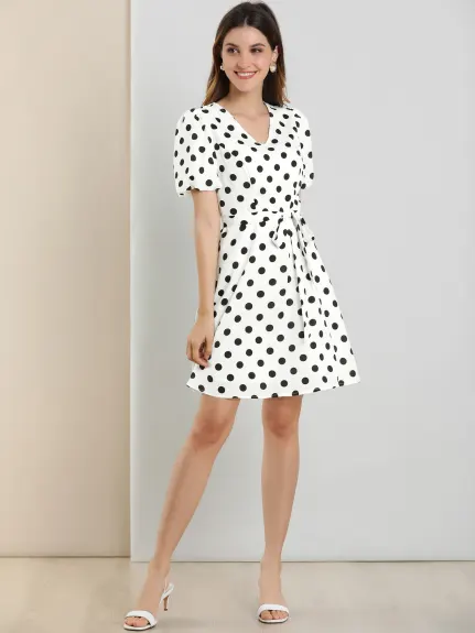 Allegra K- Retro Dots Tie Waist Puff Sleeve A-line Dress