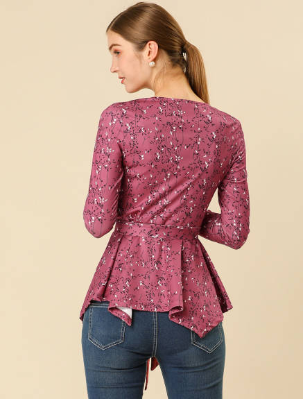 Allegra K- Floral Long Sleeve Ruffle Hem Belted Flare Peplum Top