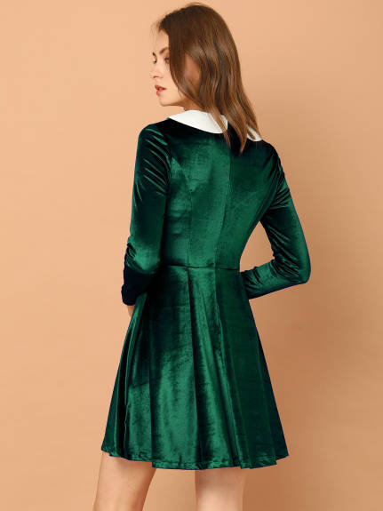 Allegra K- Velvet Long Sleeve Peter Pan Collar Flare Dress