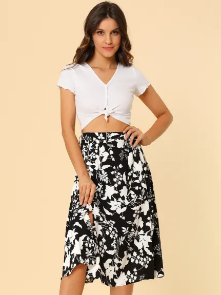 Allegra K- Slit Floral Belted A-Line Midi Skirt