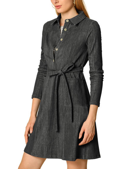 Allegra K- Half Placket Long Sleeve Belted Shirt Dress