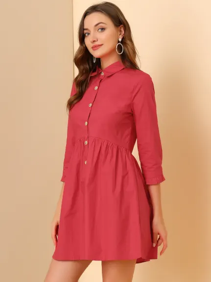 Allegra K- Mini-robe chemise évasée boutonnée à manches 3/4