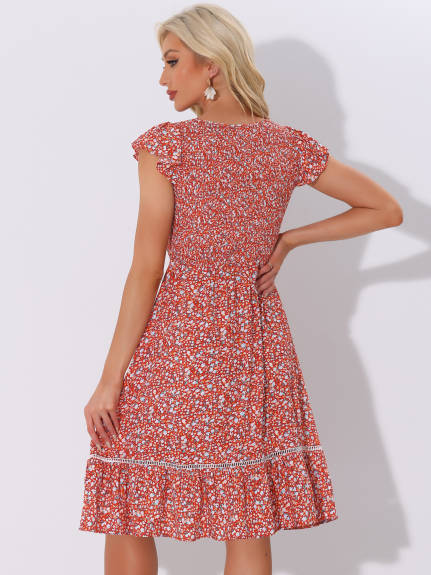 Allegra K - Fit and Flare Floral Midi Smocked Dress