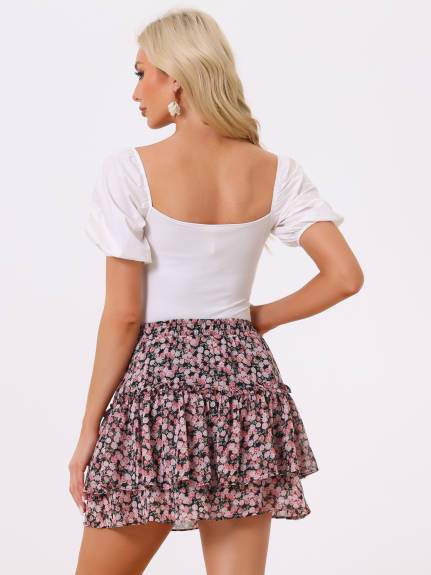 Allegra K- Floral Print A-Line Ruffle Mini Skirt