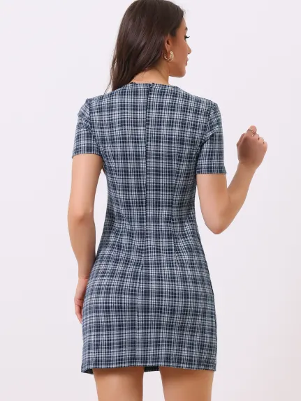 Allegra K- Short Sleeve Vintage Houndstooth Pencil Sheath Dress