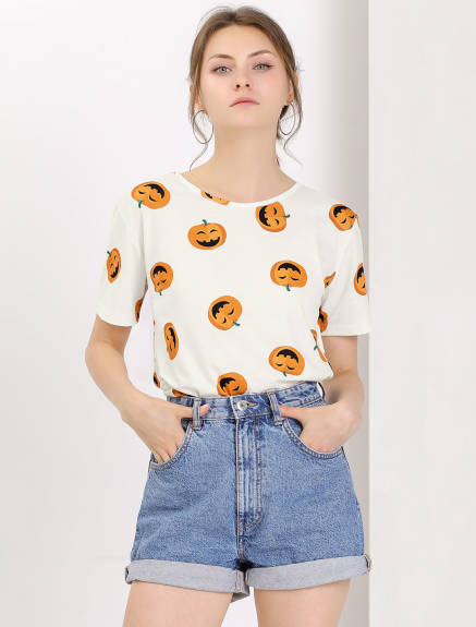 Allegra K- Short Sleeve Pmpkin Banana Print Cute T-Shirt