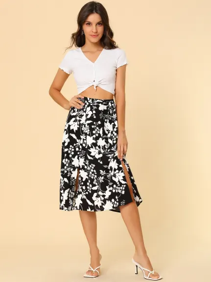 Allegra K- Slit Floral Belted A-Line Midi Skirt