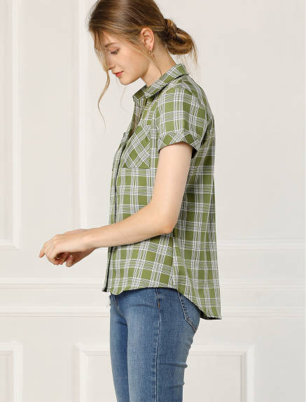 Allegra K- Cotton Short Sleeves Plaid Shirts