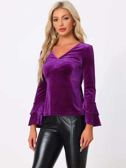 Allegra K- V Neck Flare Long Sleeve Velvet Blouse