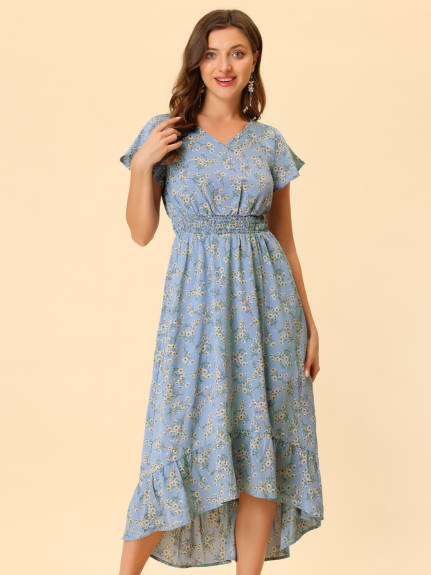 Allegra K- Smocked Floral High Low Maxi Dress