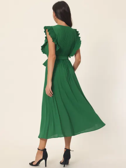 Allegra K - Ruffle Sleeveless Tie Waist Pleated Dress