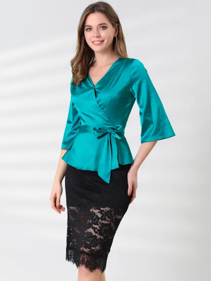 Allegra K- Bow Tie Waist Satin 3/4 Sleeve Wrap Peplum Blouse