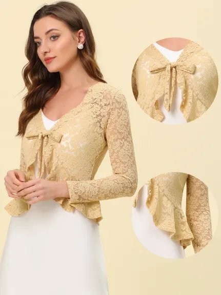 Allegra K - Tie Front Ruffle Lace Sheer Cropped Cardigan