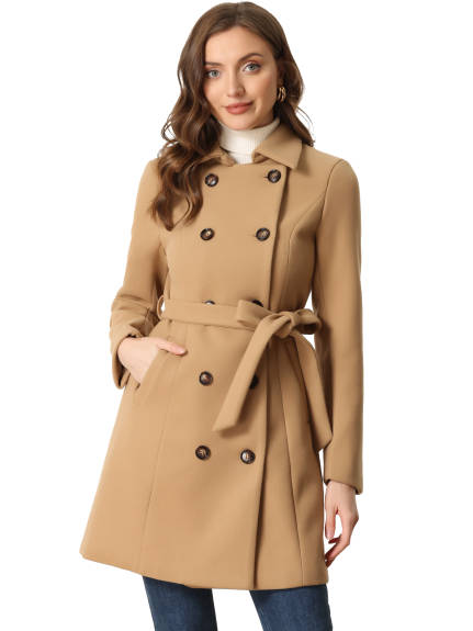 Allegra K - Double Breasted Belted Winter Pea Coat