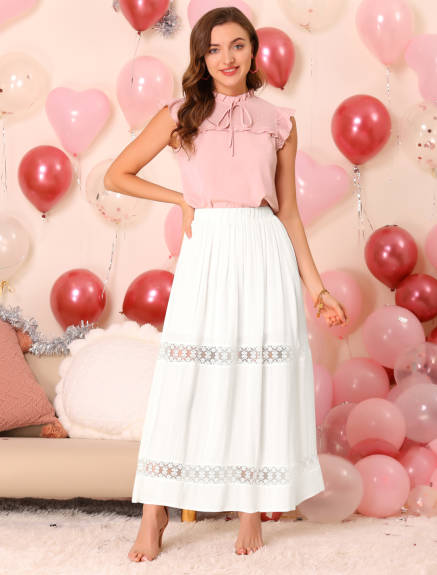 Allegra K - Lace Insert Swing Solid Maxi Skirt