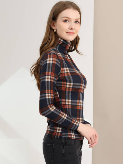 Allegra K- Turtleneck Long Sleeve Slim Plaid Shirt Blouse