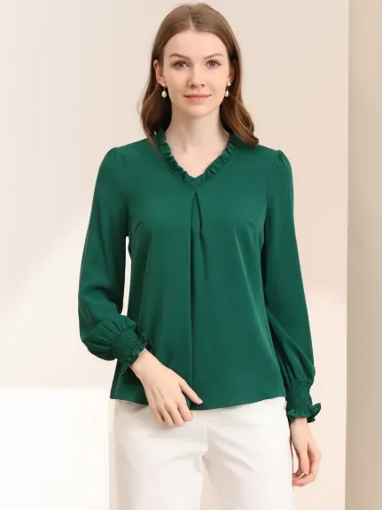 Allegra K- Ruffled V Neck Long Sleeve Blouse