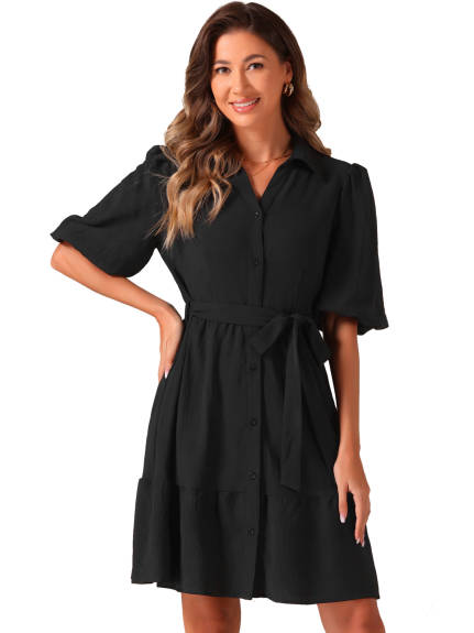 Allegra K - Belted Bubble Half Sleeve Shirt Dress