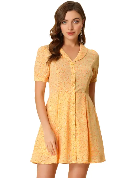Allegra K- Floral Short Sleeve Button Flare Shirt Dress