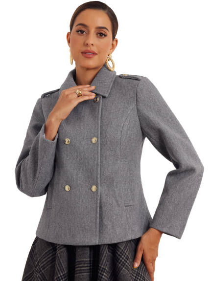 Allegra K - Woolen Blend Double-Breasted Short Pea Coat