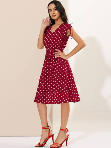 Allegra K- Polka Dots Tie Waist Sleeveless V-Neck Midi Dress