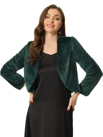 Allegra K - Open Front Faux Fur Cropped Jacket