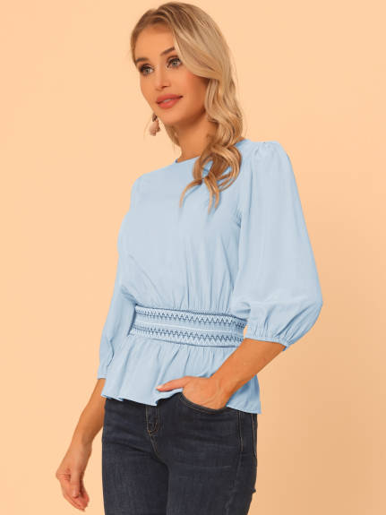 Allegra K- Peplum 3/4 Sleeve Smocked Waist Blouse