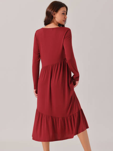 Allegra K - Long Sleeve Pleated Tiered Swing Dress