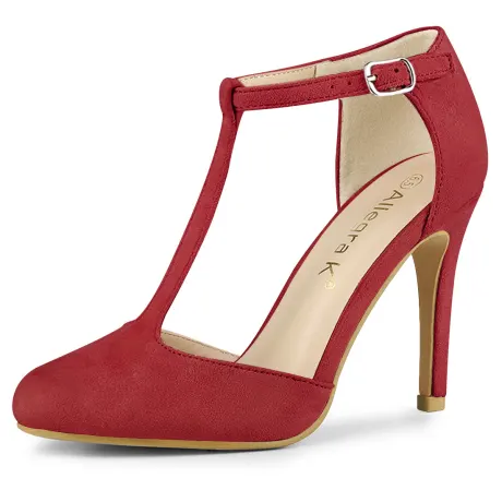 Allegra K - Round Toe Stiletto Heel T-Strap Pump