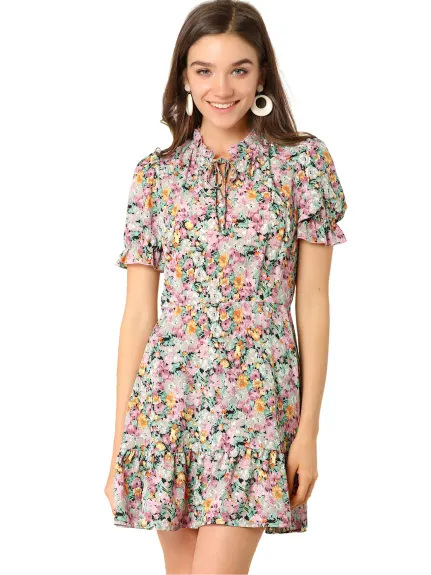 Allegra K- Ruffle Chiffon Tie Neck Puff Short Sleeve Floral Smock Dress