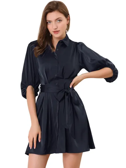 Allegra K- Pleated Waist Belted A-Line Shirt Dress