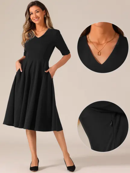 Allegra K - 1950s Vintage V-Neck Half Sleeve Swing Dress