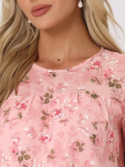 Allegra K- Floral Ruffled 3/4 Sleeve Chiffon Blouse