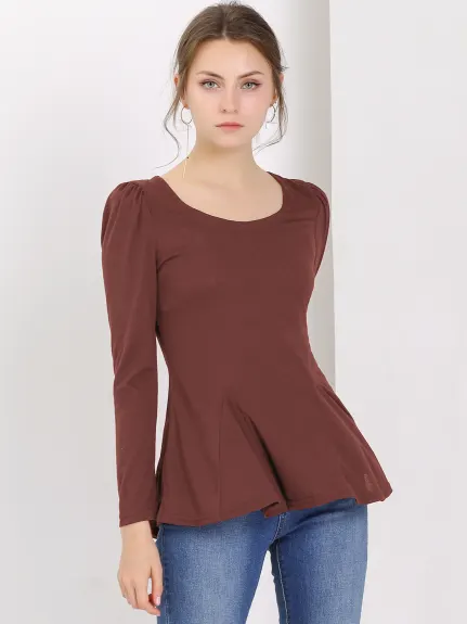 Allegra K- Long Sleeves Scoop Neck Casual Peplum Shirt