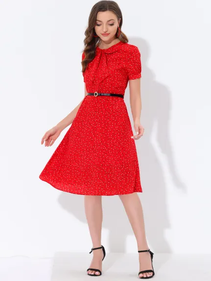 Allegra K- Peter Pan Collar Tie Neck Belted Floral Dress