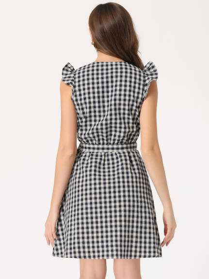 Allegra K- Ruffled Sleeve Belted A-Line Plaids Dress