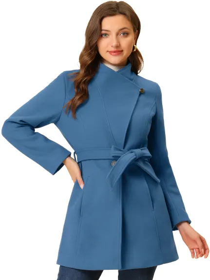 Allegra K- Classic Stand Collar Belted Long Coat