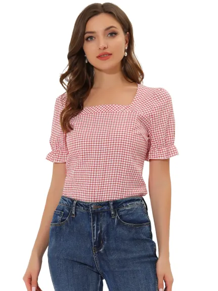 Allegra K- Short Sleeve Square Neck Plaid Blouse