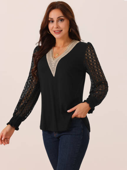 Allegra K - Lace V Neck Hallow Out Sleeve Blouse