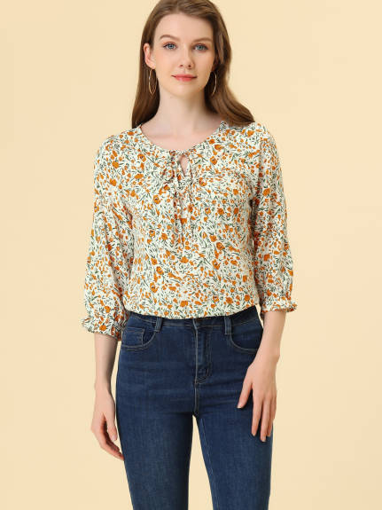 Allegra K- Tie V Neck Ruffled 3/4 Sleeve Floral Blouse