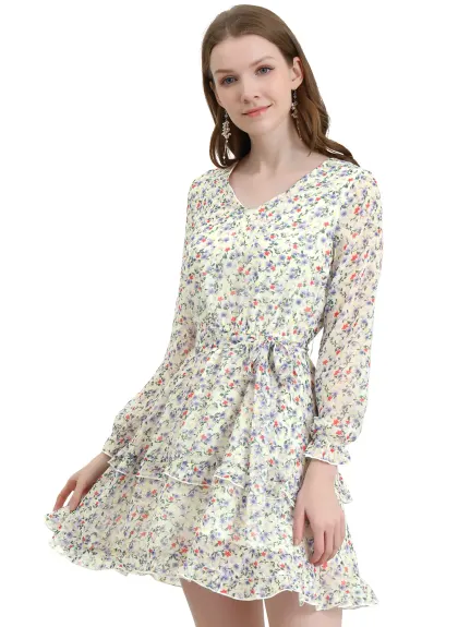 Allegra K- Long Sleeve Belted Ruffle Chiffon Floral Dress