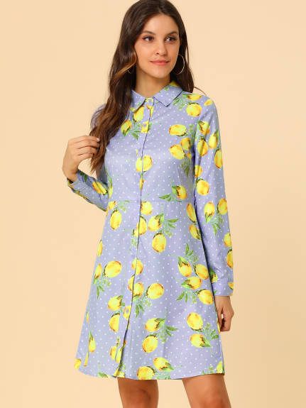 Allegra K- Lapel Button Down Belted Floral Shirt Dress