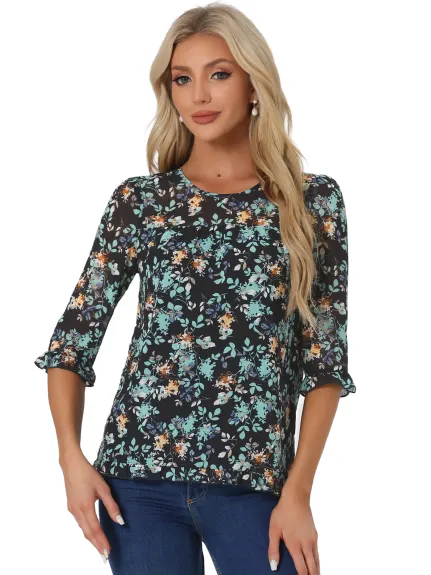 Allegra K- Blouse florale en mousseline à manches 3/4 et à volants