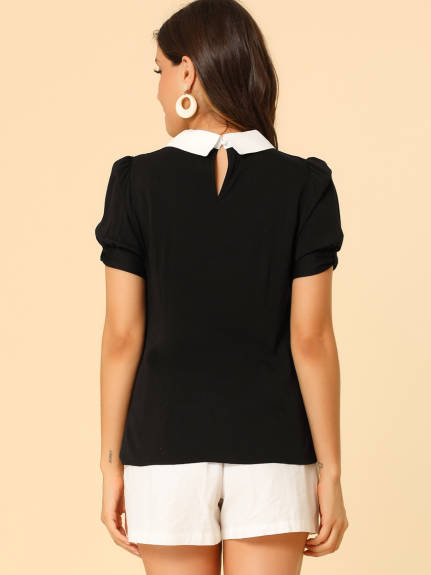 Allegra K- Pan Collar Puff Short Sleeve Pleated Blosue