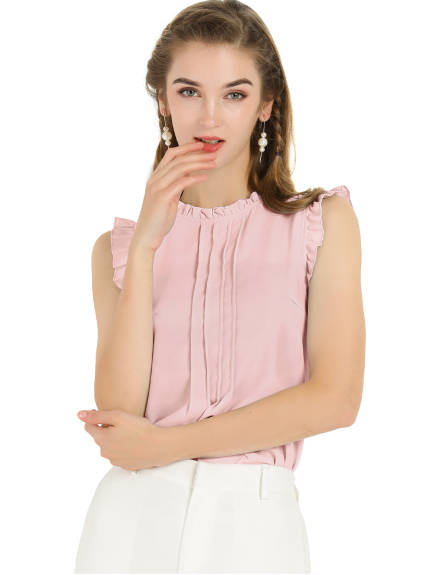 Allegra K- Ruffled Mandarin Collar Sleeveless Pleated Blouse