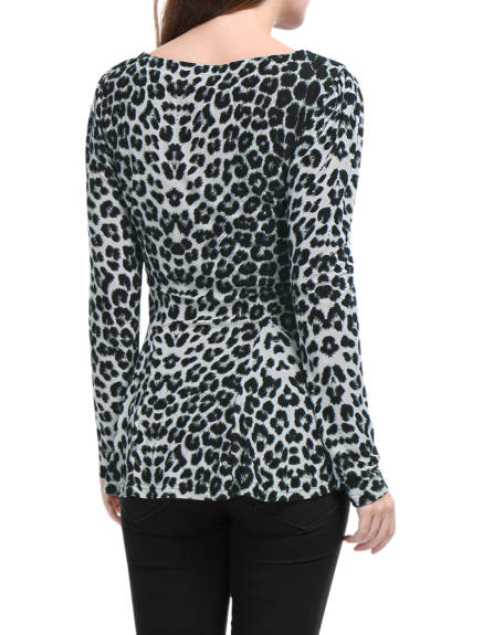 Allegra K- Leopard Print Scoop Neck Long Sleeve Peplum Blouse