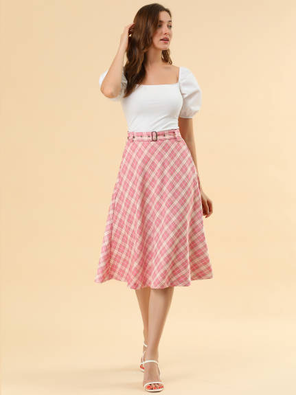 Allegra K- Plaid Tartan Belted A-Line Midi Skirt