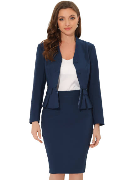 Allegra K - Collarless Peplum Blazer Skirt Business Suit